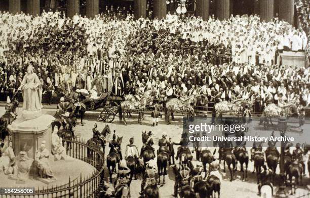 Photograph from Queen Victoria's Diamond Jubilee parade, circa 1897. Celebrating 60 years of the monarch's reign. Showing the crowds and the...