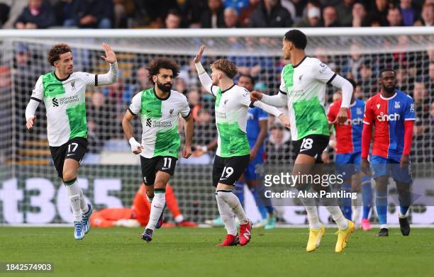 Mohamed Salah of Liverpool celebrates with team mates scoring his team's first goal during the Premier League match between Crystal Palace and...