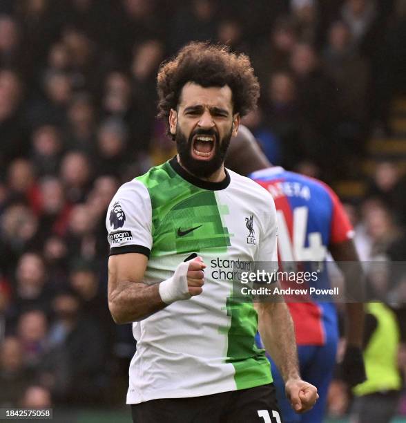 Mohamed Salah of Liverpool celebrating after scoring the equalising goal during the Premier League match between Crystal Palace and Liverpool FC at...
