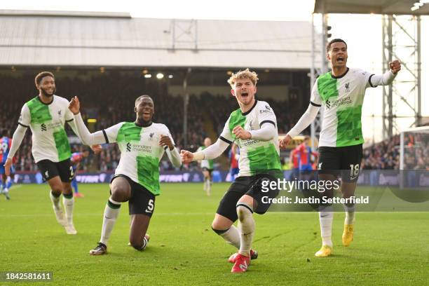 Harvey Elliott of Liverpool celebrates scoring his team's second goal during the Premier League match between Crystal Palace and Liverpool FC at...