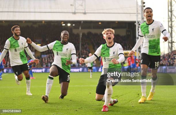 Harvey Elliott of Liverpool celebrates scoring his team's second goal during the Premier League match between Crystal Palace and Liverpool FC at...