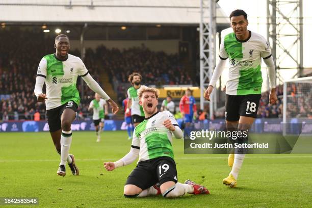 Harvey Elliott of Liverpool celebrates with Ibrahima Konate and Cody Gakpo after scoring his team's second goal during the Premier League match...