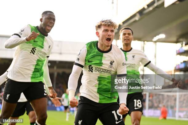 Harvey Elliott of Liverpool celebrates scoring his team's second goal during the Premier League match between Crystal Palace and Liverpool FC at...