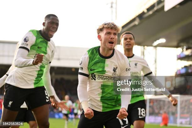 Harvey Elliott of Liverpool celebrates scoring his team's second goal during the Premier League match between Crystal Palace and Liverpool FC at...