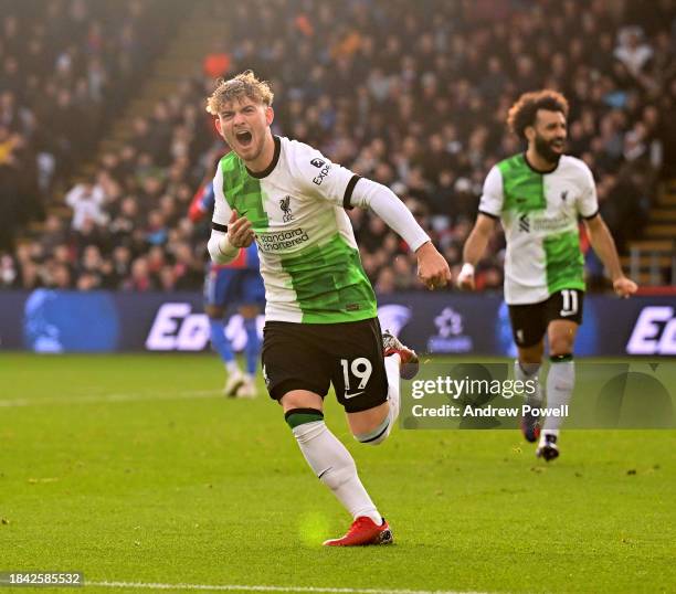 Harvey Elliott of Liverpool celebrates after scoring the second goal during the Premier League match between Crystal Palace and Liverpool FC at...