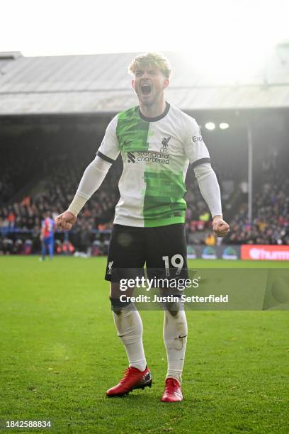 Harvey Elliott of Liverpool celebrates scoring his team's second goal during the Premier League match between Crystal Palace and Liverpool FC at...