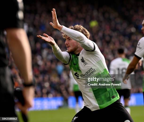 Harvey Elliott of Liverpool celebrates after scoring the second goal during the Premier League match between Crystal Palace and Liverpool FC at...