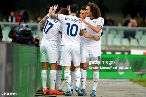 Mattia Zaccagni of SS Lazio celebrates a opening goal with his team mates during the Serie A TIM match between Hellas Verona FC and SS Lazio at...