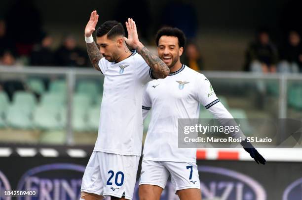 Mattia Zaccagni of SS Lazio celebrates a opening goal with his team mates during the Serie A TIM match between Hellas Verona FC and SS Lazio at...