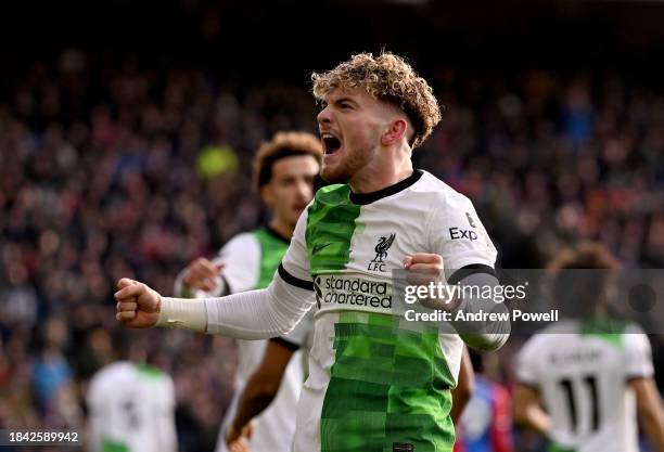 Harvey Elliott of Liverpool celebrates after scoring the second goal during the Premier League match between Crystal Palace and Liverpool FC at...