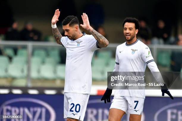 Mattia Zaccagni of SS Lazio celebrates a opening goal with his team mates during the Serie A TIM match between Hellas Verona FC and SS Lazio at...