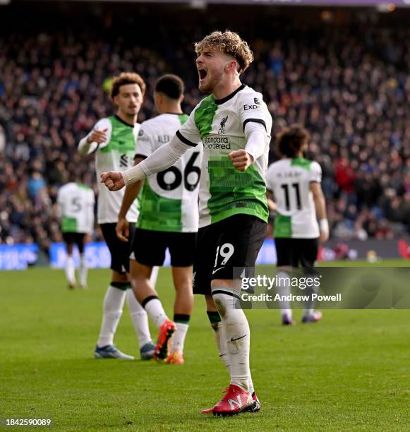 Harvey Elliott of Liverpool celebrates after scoring the second goal during the Premier League match between Crystal Palace and Liverpool FC at...