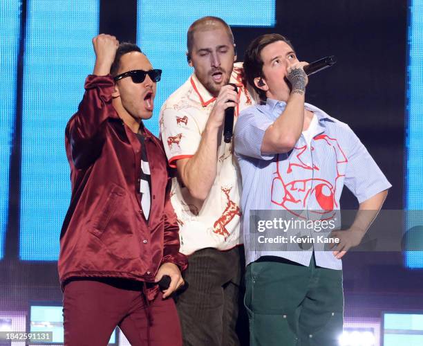 Members of Big Time Rush perform on stage at Madison Square Garden on December 08, 2023 in New York City.