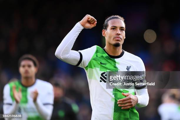 Virgil van Dijk of Liverpool acknowledges the fans after the Premier League match between Crystal Palace and Liverpool FC at Selhurst Park on...