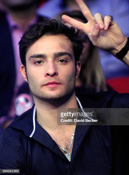 Actor Ed Westwick attends the Bradley vs. Marquez fight co-sponsored by the Wynn Las Vegas at the Thomas & Mack Center on October 12, 2013 in Las...