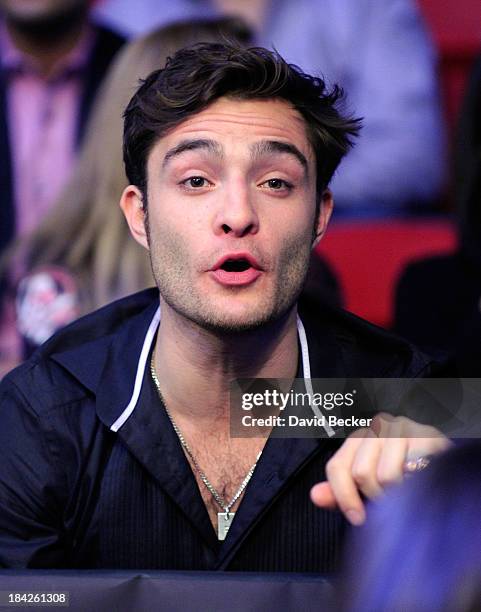 Actor Ed Westwick attends the Bradley vs. Marquez fight co-sponsored by the Wynn Las Vegas at the Thomas & Mack Center on October 12, 2013 in Las...