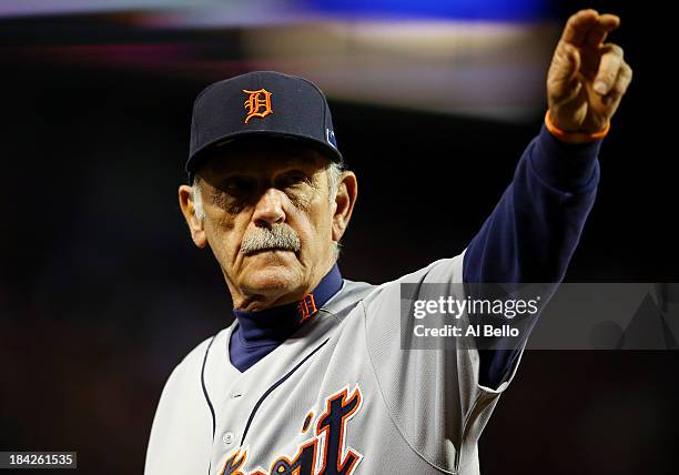 Jim Leyland of the Detroit Tigers walks back to the dugout after defeating the Boston Red Sox 1-0 in Game One of the American League Championship...