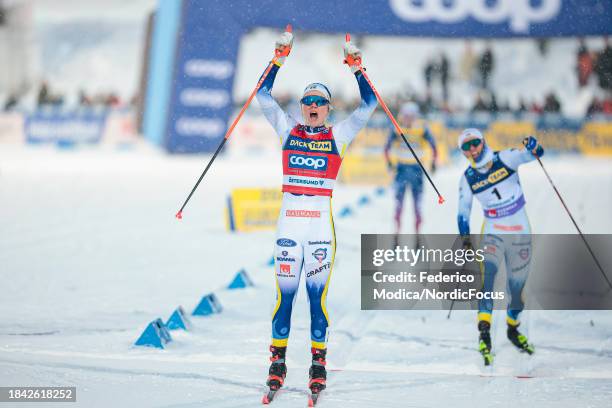 Emma Ribom of Sweden takes the first place in the Sprint on December 9, 2023 in Ostersund, Sweden.