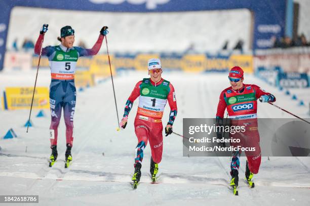 James Clinton Schoonmaker of USA in third place, Johannes Hoesflot Klaebo of Norway in first place and Erik Valnes of Norway in second place of the...