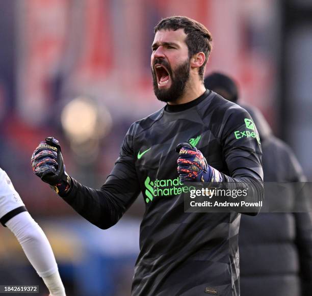 Alisson Becker of Liverpool celebrating the win to the fans at the end of the Premier League match between Crystal Palace and Liverpool FC at...