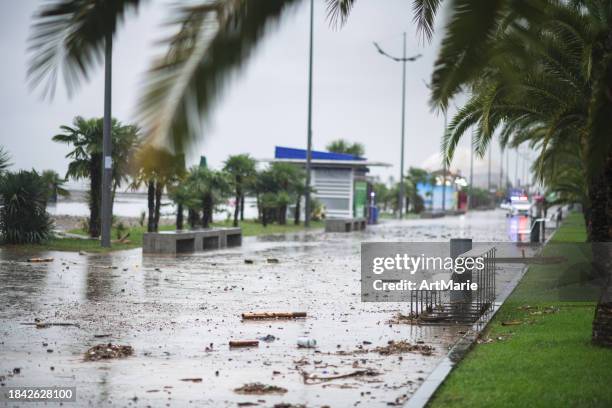strand und promenade bei stürmischem wetter vom meer überflutet - hurricane stock-fotos und bilder