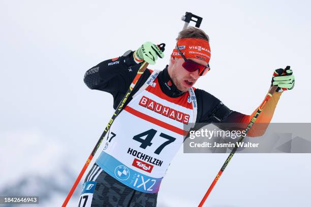 Johannes Kuehn of Germany competes during the Men 10 km Sprint at the BMW IBU World Cup Biathlon Hochfilzen on December 08, 2023 in Hochfilzen,...