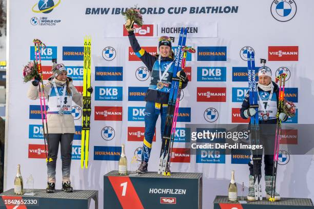 Second place Lena Haecki-Gross of Switzerland, first place Elvira Oeberg of Sweden and third place Ingrid Landmark Tandrevold of Norway celebrating...