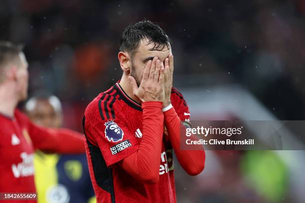 Bruno Fernandes of Manchester United reacts during the Premier League match between Manchester United and AFC Bournemouth at Old Trafford on December...