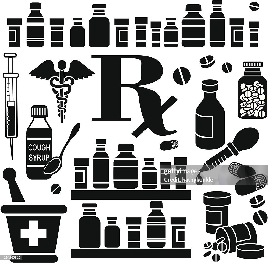 Various black pharmacy-related icons