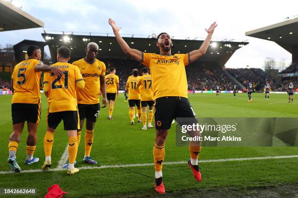 Matheus Cunha of Wolverhampton Wanderers celebrates scoring their team's first goal during the Premier League match between Wolverhampton Wanderers...