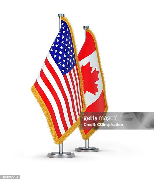 american and canadian flags with golden fringe - fringing stock pictures, royalty-free photos & images
