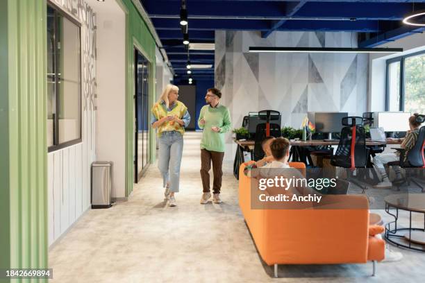 manager talking with his colleagues in the it company - bedrijfscultuur stockfoto's en -beelden