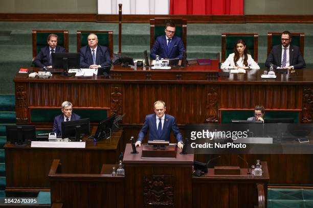 Donald Tusk, the leader of Civic Coalition and newly elected Prime Minister, gives inaugural speech during the parliament session in Warsaw, Poland...