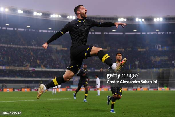 Thomas Henry of Hellas Verona FC celebrates scoring their team's first goal during the Serie A TIM match between Hellas Verona FC and SS Lazio at...