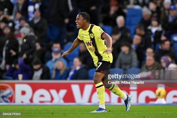 Wilson Odobert of Burnley celebrates scoring their team's first goal during the Premier League match between Brighton & Hove Albion and Burnley FC at...
