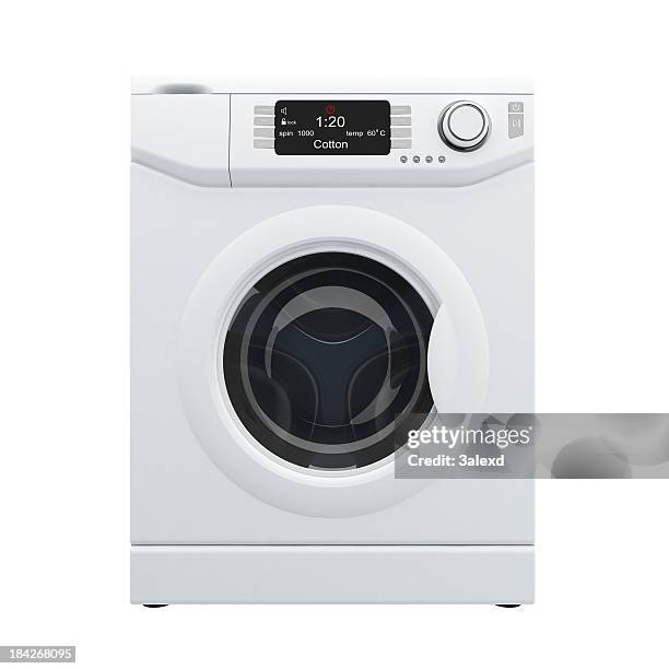 3d rendering of white washing machine, front view - machinery stockfoto's en -beelden