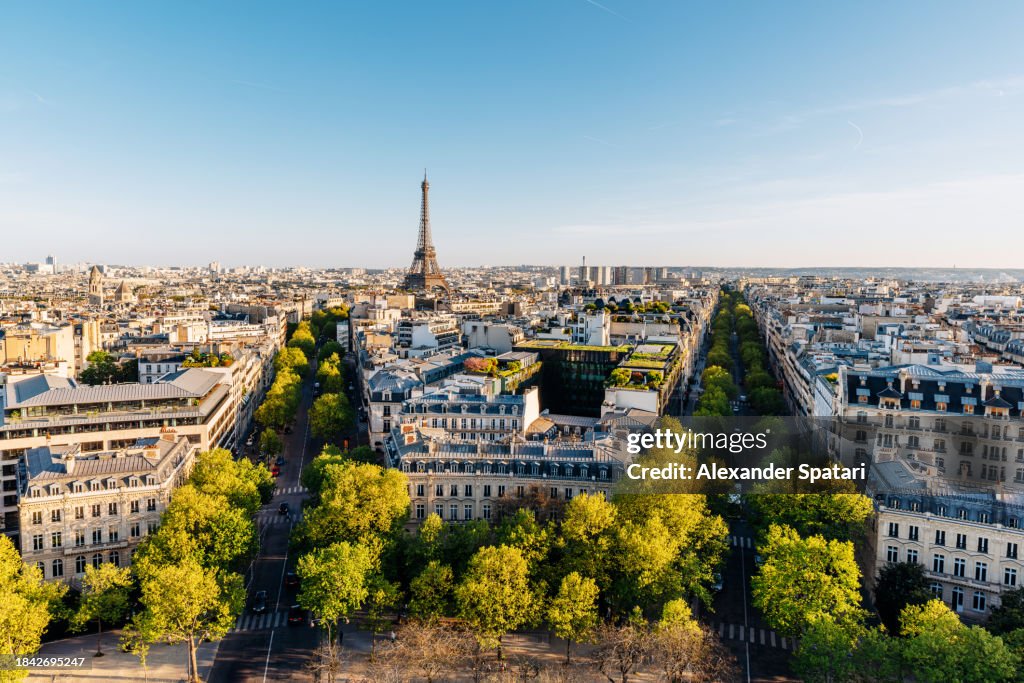 Aerial view of Paris cityscape with Eiffel Tower on a sunny summer day, France