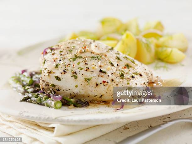 poached halibut - halibut stock pictures, royalty-free photos & images