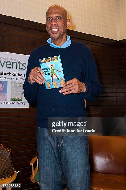 Former NBA Star Kareem Abdul Jabbar signs copies of his new book 'Sasquatch In The Paint' at the Barnes & Noble bookstore at The Grove on October 12,...