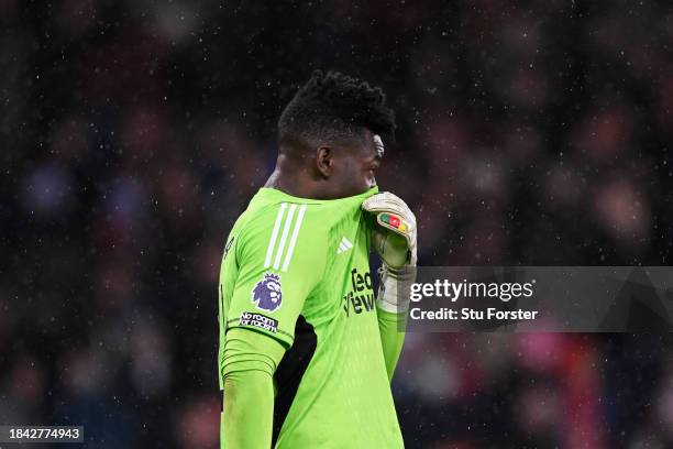 Andre Onana of Manchester United reacts after conceding a third goal from Marcos Senesi of AFC Bournemouth during the Premier League match between...