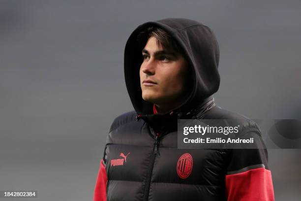 Luka Romero of AC Milan inspects the pitch prior to the Serie A TIM match between Atalanta BC and AC Milan at Gewiss Stadium on December 09, 2023 in...