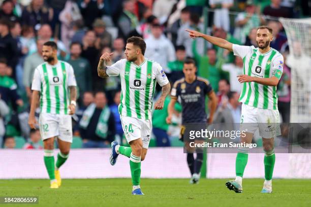 Aitor Ruibal of Real Betis celebrates scoring their team's first goal with teammates during the LaLiga EA Sports match between Real Betis and Real...