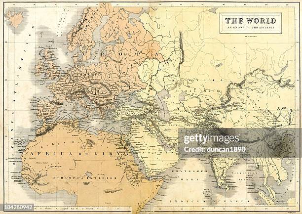 ilustraciones, imágenes clip art, dibujos animados e iconos de stock de antiguo mapa del mundo - historia antigua