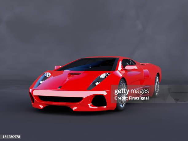 red luxury car on angle parked on dark background - luxury cars stock pictures, royalty-free photos & images