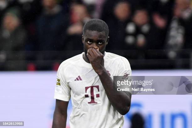Dayot Upamecano of Bayern Munich looks dejected following the team's defeat during the Bundesliga match between Eintracht Frankfurt and FC Bayern...