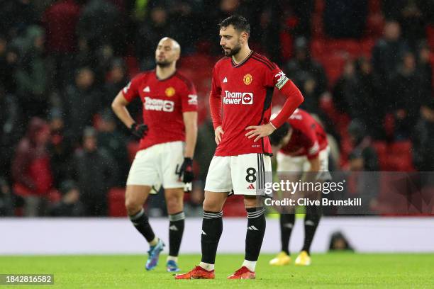 Bruno Fernandes of Manchester United reacts after the team concedes a fourth goal from Dango Ouattara of AFC Bournemouth which is later ruled out for...