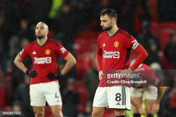 Bruno Fernandes of Manchester United reacts after the team concedes a fourth goal from Dango Ouattara of AFC Bournemouth which is later ruled out for...