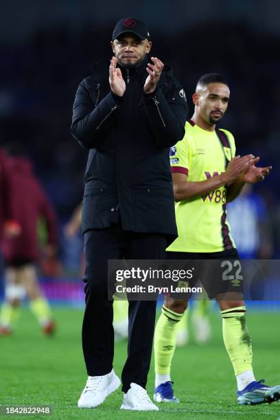 Vincent Kompany, Manager of Burnley, acknowledges the fans following the Premier League match between Brighton & Hove Albion and Burnley FC at...