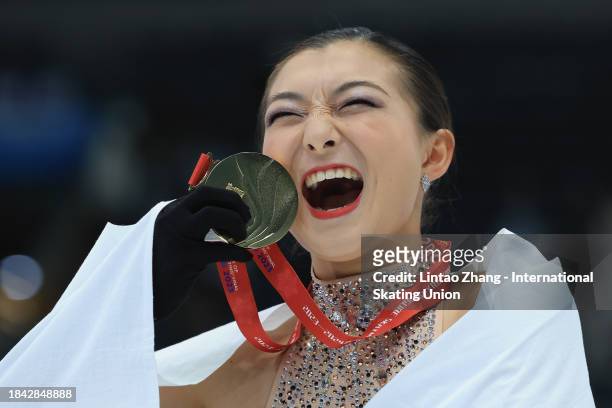Gold medalists Kaori Sakamoto of Japan pose at the medal ceremony for the Women Free Skating during day three of the ISU Grand Prix of Figure Skating...