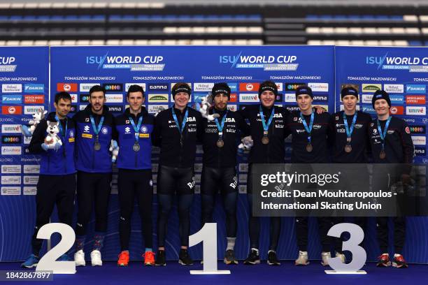 Andrea Giovannini, Davide Ghiotto and Michele Malfatti of Italy pose with the silver medal, Ethan Cepuran, Casey Dawson and Emery Lehman of United...